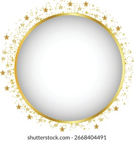 Brillos de oro sobre fondo blanco. Forma de círculo blanco para texto y diseño.	