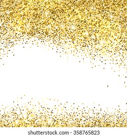 Gold sparkles on white background. Gold glitter background. 