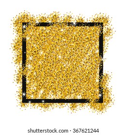Gold sparkles on white background in white frame. Gold glitter background. Background for banner; offer; card, vip, exclusive, certificate, gift, luxury, privilege, voucher, store, present, shopping.