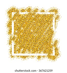 Gold sparkles on white background in white frame. Gold glitter background. Background for banner; offer; card, vip, exclusive, certificate, gift, luxury, privilege, voucher, store, present, shopping.