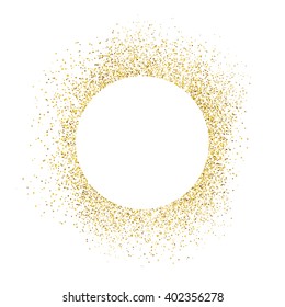 Gold Sparkles On White Background. White Circle Shape For Text