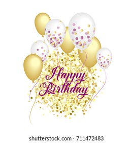 Gold sparkles on white background. Gold glitter background with balloons. Birthday vector design. 