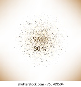 Gold sparkles on white background. Gold glitter background. Gold glitter frame