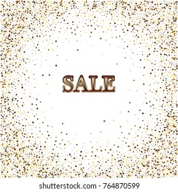 Gold sparkles on white background. Gold glitter background. Gold glitter frame