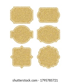 Gold sparkles on white in frame. Golden glitter background. Shine backdrop for card, vip, exclusive, certificate, gift, luxury, privilege, voucher, store, present, shopping. eps
