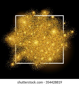 Gold sparkles on white in frame. Golden glitter background. Shine backdrop for card, vip, exclusive, certificate, gift, luxury, privilege, voucher, store, present, shopping.
