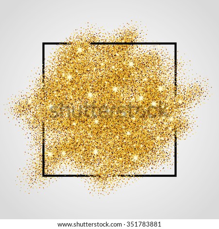 Gold sparkles on white in frame. Golden glitter background. Shine backdrop for card, vip, exclusive, certificate, gift, luxury, privilege, voucher, store, present, shopping.