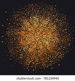 Gold sparkles over dark background. Gold glitters. Golden backdrop for vintage party flyer, exclusive, gift certificate, luxury event.