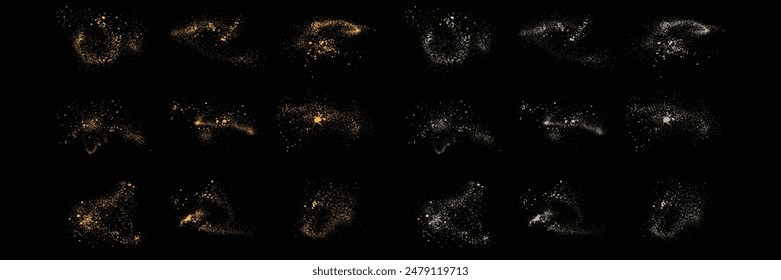 Gold sparkles set of confetti vector gold glitter and white color splatter texture template on a black background