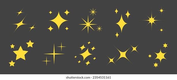 Se oyen destellos de oro y estrellas. Colección de chispas y arrugas amarillas. Conjunto de elementos decorativos de Navidad y Año Nuevo. Paquete de ilustraciones de Vector Xmas