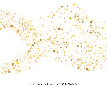 Gold sparkling background with star dust isolated on white. Gold stars sparkling glitter magic background. Golden glitter sparkles confetti flying on white, glossy shine vector graphic design.