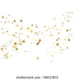 Gold sparkling background with star dust isolated on white. Gold stars sparkling glitter magic background. Golden glitter sparkles confetti flying on white, glossy shine vector graphic design.