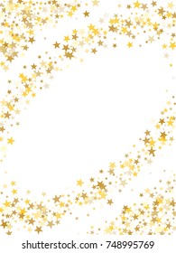 Gold sparkling background with star dust isolated on white. Gold stars sparkling glitter magic background. Golden glitter sparkles confetti flying on white, glossy shine border vector graphic design.