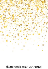 Gold sparkling background with star dust isolated on white. Gold stars sparkling glitter magic background. Golden glitter sparkles confetti flying on white, glossy shine vector graphic design.