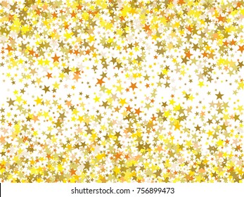 Gold sparkling background with star dust isolated on white. Gold stars sparkling glitter magic background. Golden glitter sparkles confetti flying on white, glossy shine vector graphic design.