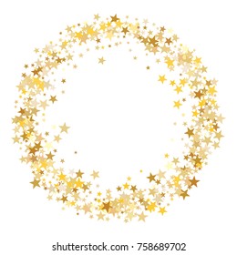 Gold sparkling background with star dust isolated on white. Gold stars sparkling glitter magic background. Golden glitter sparkles confetti flying on white, glossy shine border vector graphic design.