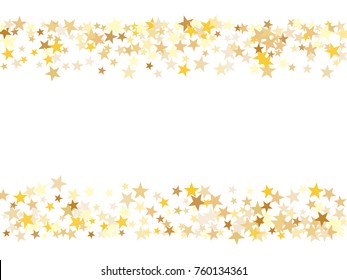 Gold sparkling background with star dust isolated on white. Gold stars sparkling glitter magic background. Golden glitter sparkles confetti flying on white, glossy shine border vector graphic design.