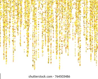 Gold sparkling background with star dust isolated on white. Gold stars sparkling glitter magic background. Golden glitter sparkles confetti flying on white, glossy garlands shine vector graphic design
