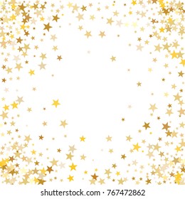 Gold sparkling background with star dust isolated on white. Gold stars sparkling glitter magic background. Golden glitter sparkles confetti flying on white, glossy shine border vector graphic design.