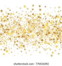 Gold sparkling background with star dust isolated on white. Gold stars sparkling glitter magic background. Golden glitter sparkles confetti flying on white, glossy shine vector graphic design.