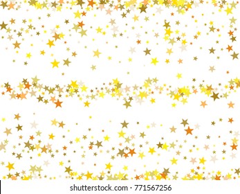 Gold sparkling background with star dust isolated on white. Gold stars sparkling glitter magic background. Golden glitter sparkles confetti flying on white, glossy shine vector graphic design.