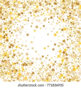 Gold sparkling background with star dust isolated on white. Gold stars sparkling glitter magic background. Golden glitter sparkles confetti flying on white, glossy shine vector graphic design.