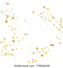 Gold Sparkling Background With Star Dust Isolated On White. Gold Stars Sparkling Glitter Magic Background. Golden Glitter Sparkles Confetti Flying On White, Glossy Shine Border Vector Graphic Design.
