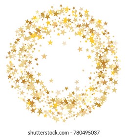 Gold sparkling background with star dust isolated on white. Gold stars sparkling glitter magic background. Golden glitter sparkles confetti flying on white, glossy shine border vector graphic design.