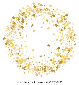Gold sparkling background with star dust isolated on white. Gold stars sparkling glitter magic background. Golden glitter sparkles confetti flying on white, glossy shine border vector graphic design.