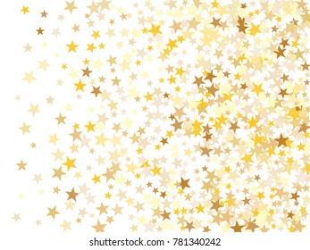 Gold sparkling background with star dust isolated on white. Gold stars sparkling glitter magic background. Golden glitter sparkles confetti flying on white, glossy shine vector graphic design.