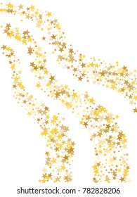 Gold sparkling background with star dust isolated on white. Gold stars sparkling glitter magic background. Golden glitter sparkles confetti flying on white, glossy shine vector graphic design.