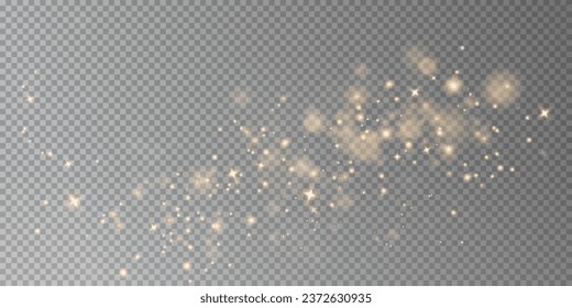 Gold sparkling bokeh dust with gold sparkling stars on a transparent background.Glittering texture. Christmas effect for luxury greeting rich card. Gold dust PNG.	
