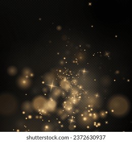 Gold sparkling bokeh dust with gold sparkling stars on a transparent background.Glittering texture. Christmas effect for luxury greeting rich card. Gold dust PNG.	
