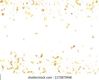 Gold sparkling confetti flying on white holiday vector frame graphic design. Cool flying tinsel elements, gold foil texture serpentine streamers confetti falling festive vector.