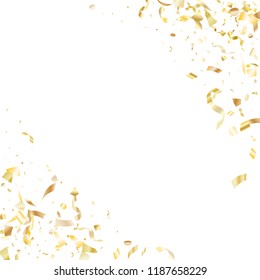 Gold sparkling confetti flying on white holiday vector backdrop. Creative flying tinsel elements, gold foil gradient serpentine streamers confetti falling anniversary background.