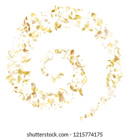 Gold sparkling confetti flying on white holiday vector design. Glamour flying tinsel elements, gold foil texture serpentine streamers confetti falling festive vector.