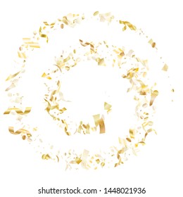 Gold sparkling confetti flying on white holiday vector backdrop. Premium flying tinsel elements, gold foil texture serpentine streamers confetti falling xmas vector.