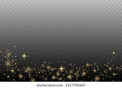 Gold sparkling dust with gold sparkling stars. Bokeh light lights effect background.
