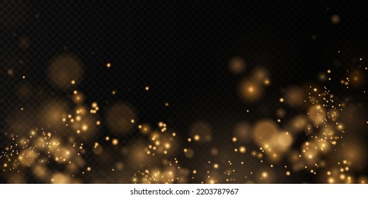 Gold sparkling dust with gold sparkling stars on a transparent background.Glittering texture. Christmas effect for luxury greeting rich card. Gold dust PNG.