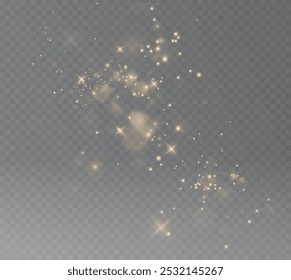 Gold sparkling dust with gold sparkling stars on a transparent background.Glittering texture. Christmas effect for luxury greeting rich card. Gold dust PNG.	
