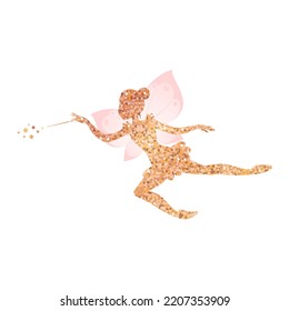 Gold sparkling fairy silhouette. Illustration of a ballet dancing fairy in the cartoon style isolated on a white background. Vector 10 EPS.