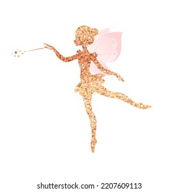 Silueta de hada dorada brillante. Ilustración de un hada bailarina de ballet al estilo de las caricaturas aislado en un fondo blanco. Vector 10 EPS.