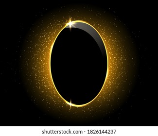 Gold sparkling glitter oval on black background with light effects and geometric figures. Vector illustration