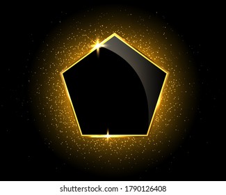 Gold sparkling glitter pentagon on black background with light effects and geometric figures. Vector illustration 