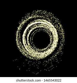 Gold sparkling glitter shine trail. Abstract golden particles light vortex. Vector glittering twirl on black background