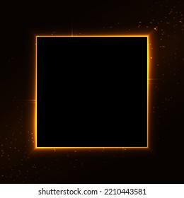 Gold sparkling glitter square frame on black background with light effects. Sparkles border with magic dust and text space. Luxury banner template for social media post, sale, discount, promotion, ad