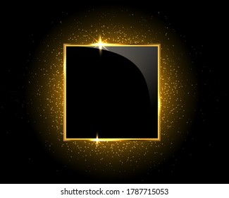 Gold sparkling glitter square on black background with light effects and geometric figures. Vector illustration