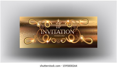 Gold sparkling invitation card with volume swirls. Vector illustration