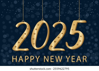 Gold sparkling numbers 2025 hanging as Christmas ornaments on a dark blue background with a bokeh effect. Happy new Year greeting card. Festive holiday design, seasonal greetings and celebration.