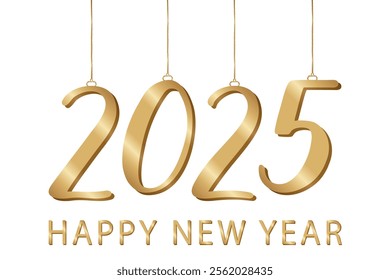 Gold sparkling numbers 2025 hanging as Christmas ornaments on a transparent background. Happy new Year greeting card. Festive holiday design, seasonal greetings and celebration.